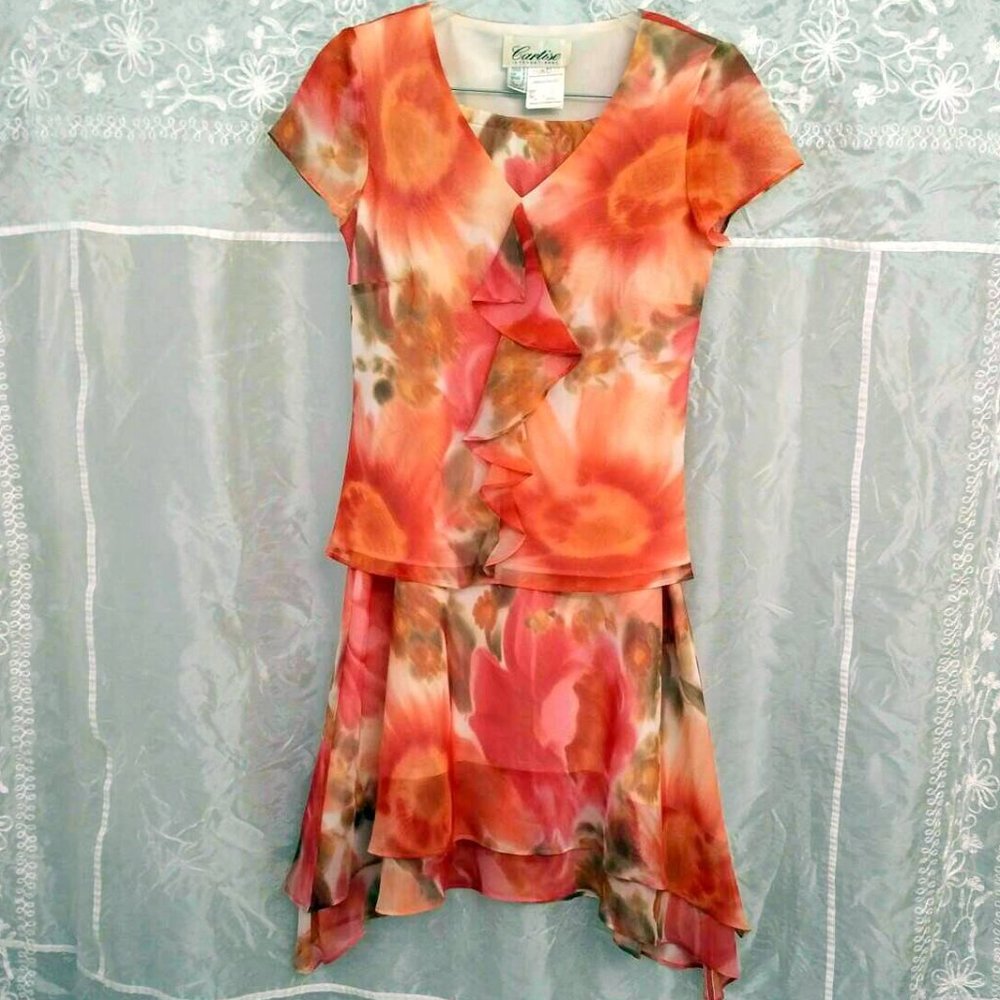 SALE! Chiffon Set: Floral Maxi Skirt & Blouse, Pink & Coral, Wedding Guest, 8